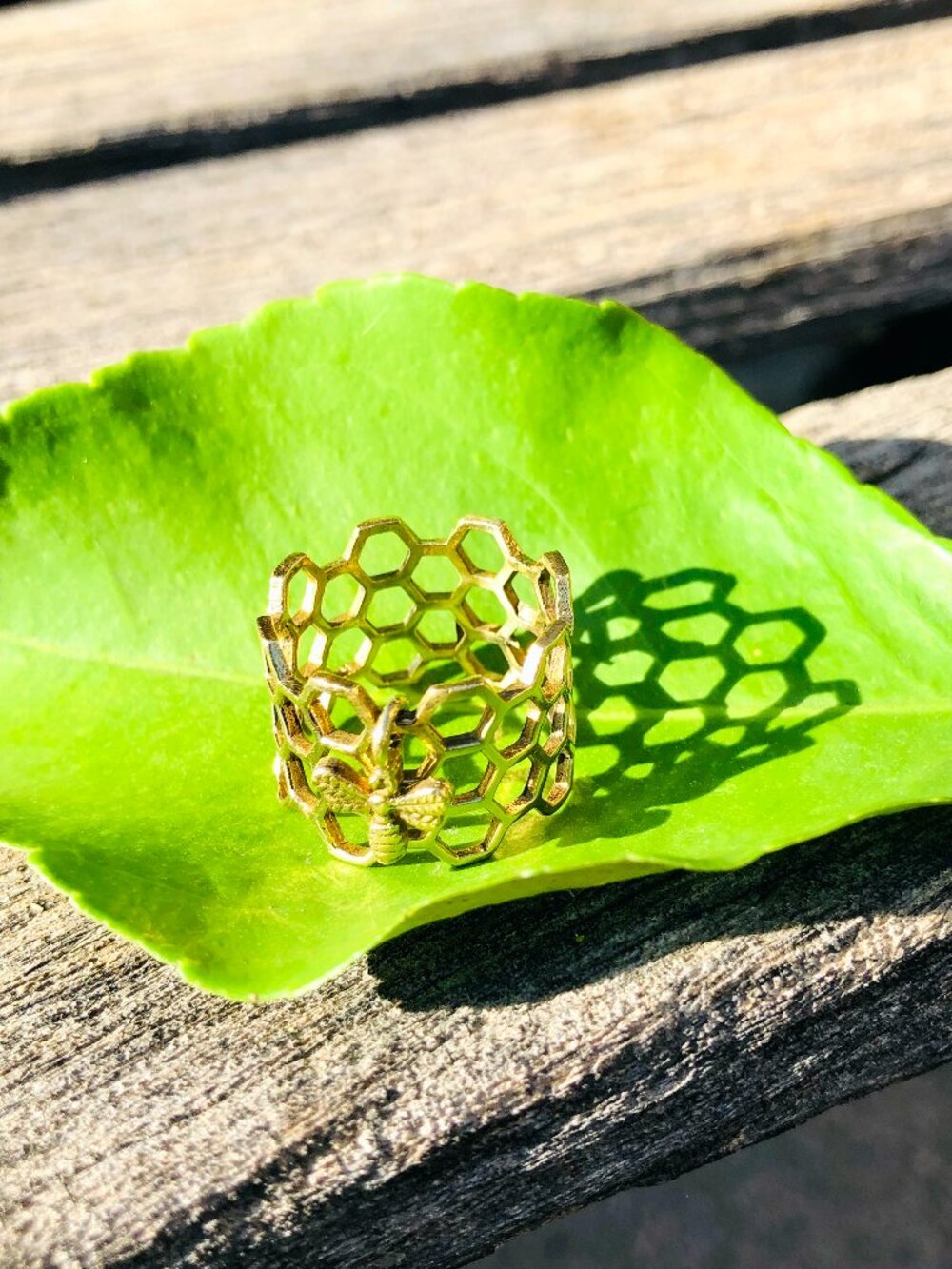 Brass Bee Ring Honeycomb with Bee Charm Wide Ring Size 6-7